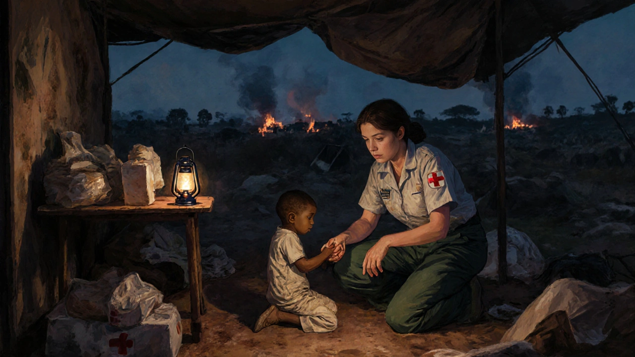 A female medic in the Central African Republic comforting a child in a makeshift clinic under a tarp, lantern light glowing softly.