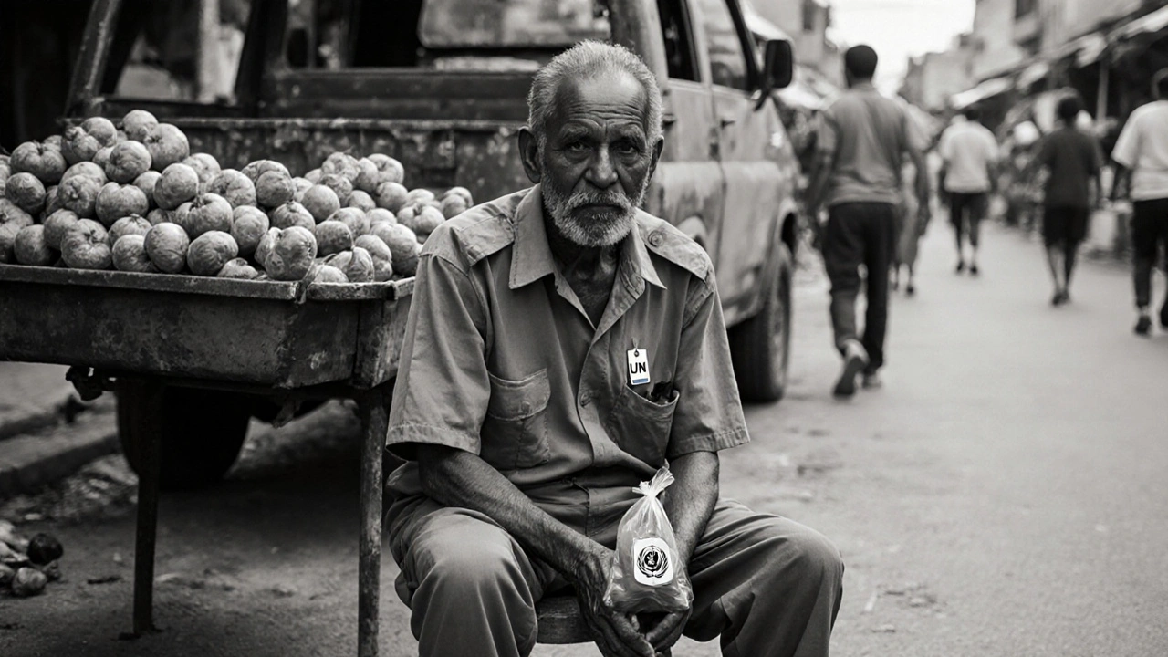 A former UN driver in Timor-Leste sitting beside a vegetable cart, holding his old UN badge in a plastic bag.
